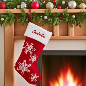 Red & White Snowflake Personalized Christmas Stocking, Fancy Stockings, Christmas Stockings, Family Gifts, Family Stocking, Holiday Gifts.