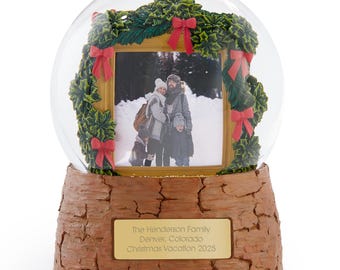 Personalized Holiday Photo Snow Globe – Custom Engraved Musical Christmas Frame