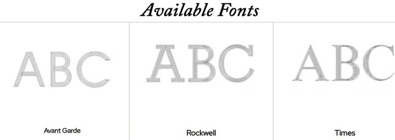 Puede incluir: Imagen que muestra tres estilos de fuente diferentes: Avant Garde, Rockwell y Times. Cada fuente se representa con las letras "ABC" en gris claro sobre un fondo blanco. El texto "Available Fonts" se encuentra en la parte superior.