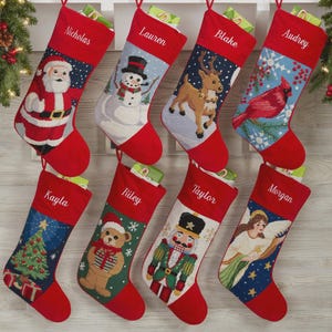 Personalized Christmas Needlepoint Stocking – Embroidered Vintage Holiday Stocking with Custom Name