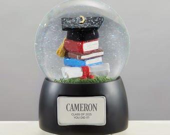 Personalized Graduation Snow Globe – Class of 2025 Gift – Custom Senior Keepsake – Engraved Glitter Globe