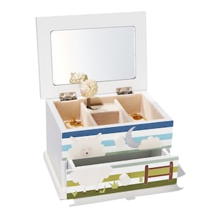 May include: White wooden jewelry box with a mirror, featuring a sheep theme. The box has a drawer and compartments lined with beige fabric. Decorated with sheep, clouds, and a moon, it has blue and green stripes.