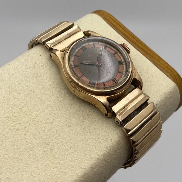 Vintage 1940's Mido Multifort Superautomatic Watch Multicolor Dial With Roman Numerals in Gold Plated Case