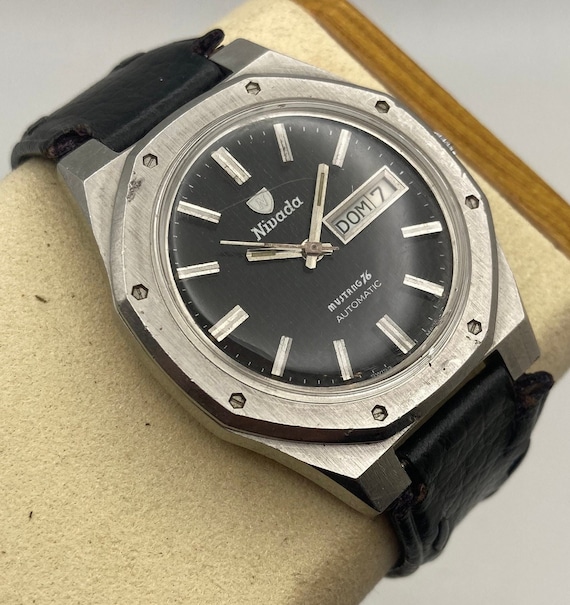 Vintage 1970's Nivada “mustang 76” Automatic Watch With Black