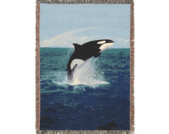 Orca Woven Blanket: Retro Ocean Theme, Beach House Decor