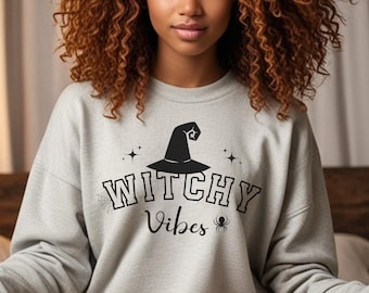 Women's Witchy Vibes Sweatshirt, Vintage Feelin' Witchy Girly Sweater, Funny Witch Cute Halloween Shirt, Trendy Girly Halloween Gift,
