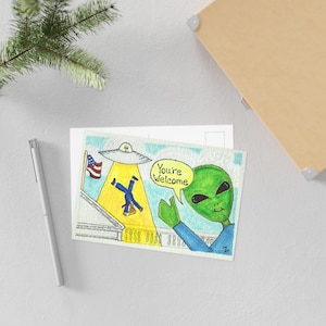 Alien-Themed Fine Art Postcards | Humorous Greetings | Unique Collectibles, Fun Artwork, Gifts for Friends, Retro Vibe, Quirky Decorations