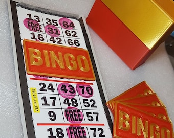 Small, Thick Bingo Strip Markers / Covers. Red with Gold Letters. Set of 24 with Matching Storage Box.