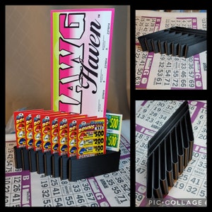 May include: A collage featuring lottery tickets, bingo cards, and black ticket holders. The tickets display the text "Race Horse Downs" and "Hold Bingo Bills". The "LAWG Haven" ticket is also visible.