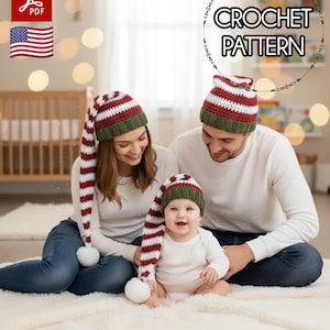 May include: A family wearing matching crochet hats with red and white stripes, green bands, and white pom-poms. The hats are long and pointed. The image includes the text "CROCHET PATTERN".