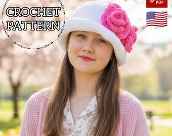 Crochet Cloche Hat Pattern with Rose Flower Detail Vintage Style Sun Hat PDF Tutorial