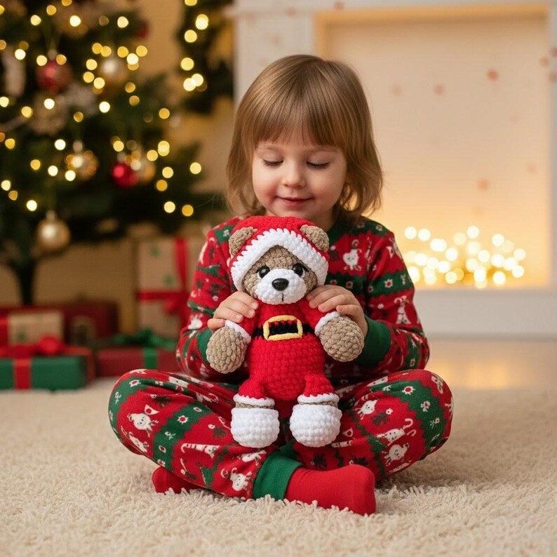 K&ouml;nnte beinhalten: Ein geh&auml;kelter Teddyb&auml;r in einem rot-wei&szlig;en Weihnachtsmannkost&uuml;m mit schwarzem G&uuml;rtel und gelber Schnalle. Der B&auml;r hat hellbraunes Fell, eine wei&szlig;e Schnauze und eine schwarze Nase. Er wird in sitzender Position mit wei&szlig;en Manschetten gehalten.