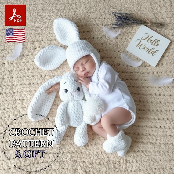 Crochet Pattern Baby Bunny Hat Booties Toy Set Newborn Outfit