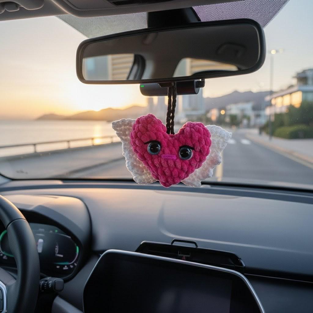 Fluffy Velvet Heart Car Charm Crochet Pattern, Angel Wing Mirror