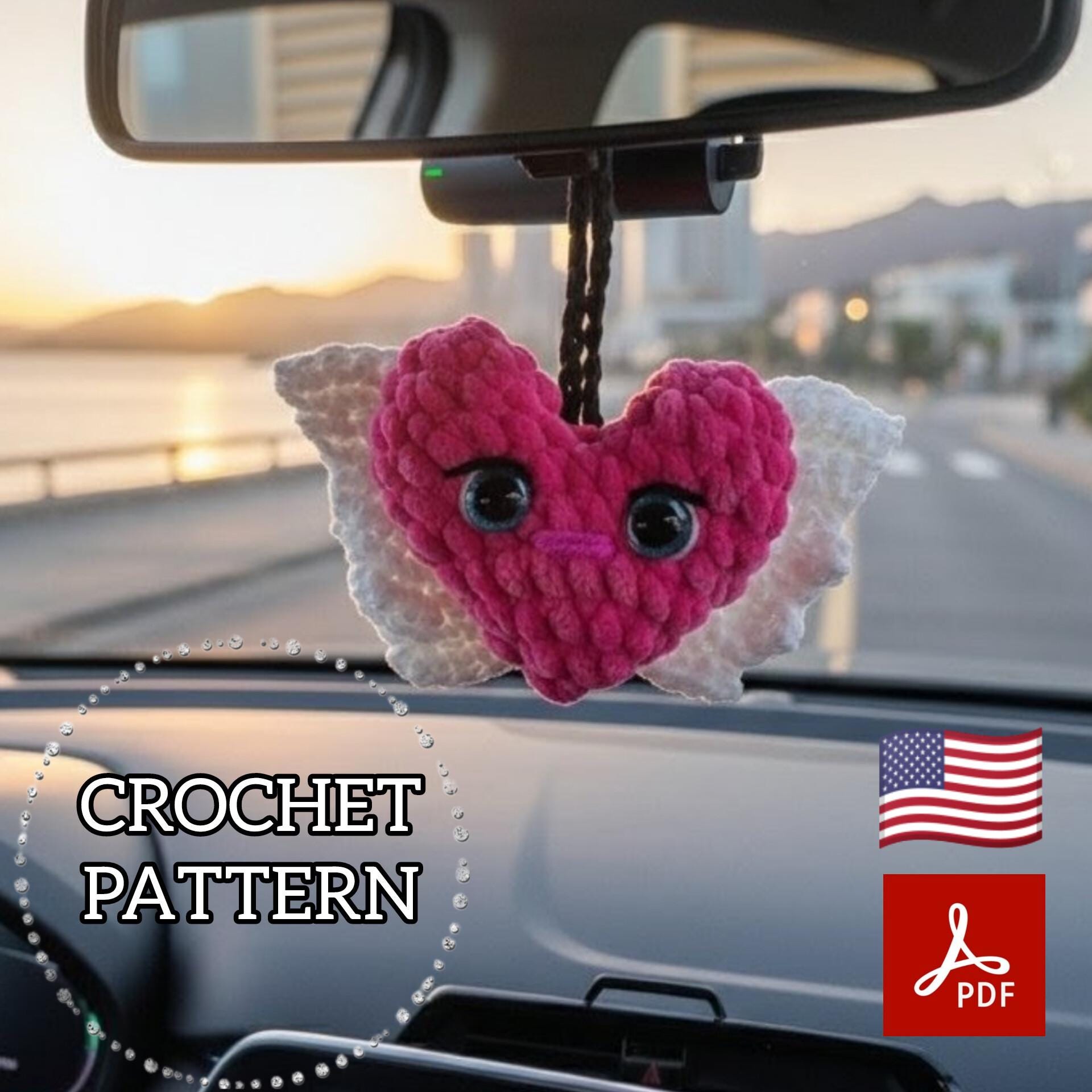 Fluffy Velvet Heart Car Charm Crochet Pattern, Angel Wing Mirror