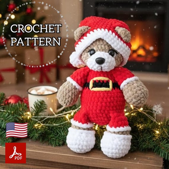 Crochet Pattern Christmas Bear Amigurumi Santa Bear Plush Toy Pattern Holiday Ornament PDF Tutorial
