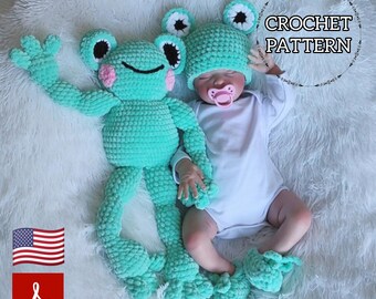 Frog Crochet Pattern, Amigurumi Frog & Baby Set PDF, Newborn Photo Prop, Baby Hat Booties, Stuffed Animal DIY, English.