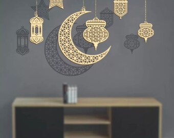 6 Pieces Hollow Wooden Hanging Lantern Decorations, Moon Star Ramadan Eid Decorations, Festive Wooden Decorations.