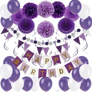 Purple Birthday Balloons, Happy Birthday Banner Bunting, Purple Fans, Purple Pom Poms, Purple Triangle Bunting, Purple Birthday Decorations