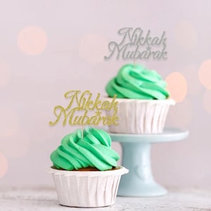 12 Nikkah Mubarak Cup Cake Toppers, Gold Silver Glitter Nikkah Cake Toppers, Charms,  Nikkah Cake Decorations.