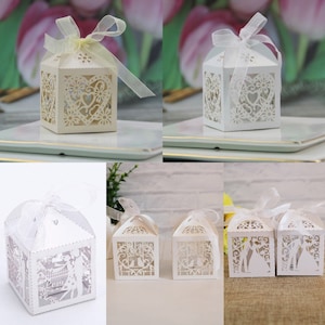 10 Ivory White Laser Cut Wedding Favour Boxes, Engagement Favour Boxes, Nikkah Favour Boxes, Wedding Tablewear Decorations UK.
