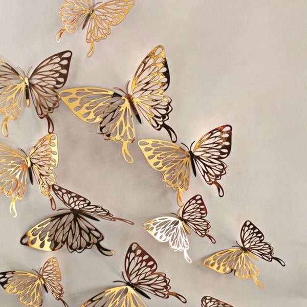 12 Pcs Gold 3D Butterflies Wall Art, Butterfly Home Decorations, Butterfly Cake Decoration, Butterfly Cupcake Toppers, Butterfly Cake Art.