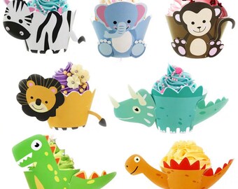 12 Pcs of Jungle Party Cupcake Wraps Wrappers, Animal Cupcake Wraps, Dinosaur Cupcake Wraps, Jungle Birthday Party Decorations UK.