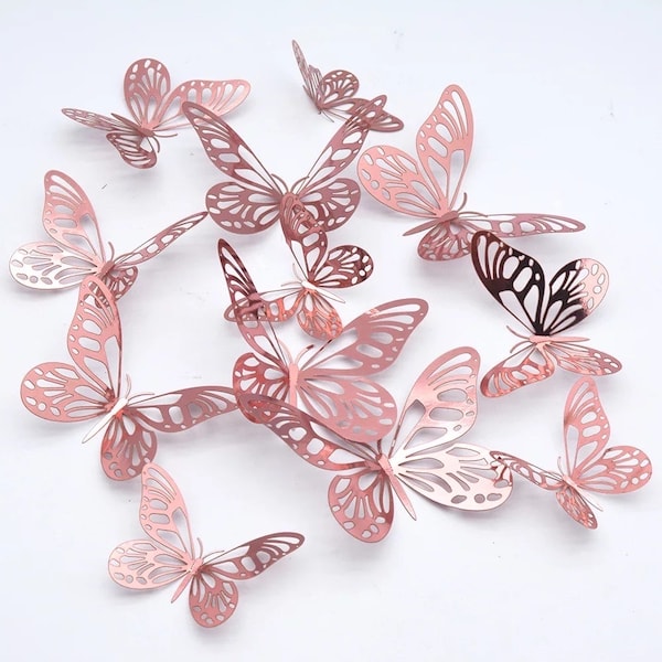 12 Pcs Rose Gold 3D Butterflies Wall Art, Butterfly Home Decorations, Butterfly Cake Decoration, Butterfly Cupcake Toppers, Butterfly Craft.