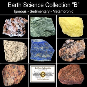 Igneous 6, Sedimentary 6, Metamorphic 6, Combo Collection  18 numbered rocks. Free 10X magnifying glass. Ethically sourced. Free Shipping