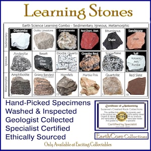 May include: A chart titled "Learning Stones" displays 18 labeled rock specimens, categorized as sedimentary, igneous, and metamorphic. The image includes text stating the specimens are hand-picked, washed, inspected, and ethically sourced.