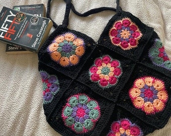 Black handmade crochet shopper bag