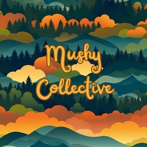 Peut inclure: Une illustration stylisée d'un paysage forestier avec un ciel de coucher de soleil. Le texte "Mushy Collective" est écrit dans une police stylisée au centre de l'image.