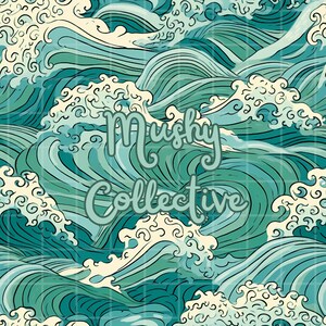 May include: An artistic pattern featuring stylized ocean waves in shades of teal, turquoise, and white. The design includes the text "Mushy Collective" in a cursive font, overlaying the wave pattern. The overall aesthetic is reminiscent of Japanese art.