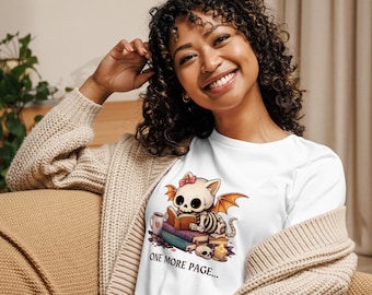 Skeleton Cat Reading Shirt, Gothic Book Lover Tee, Spooky Reader Apparel