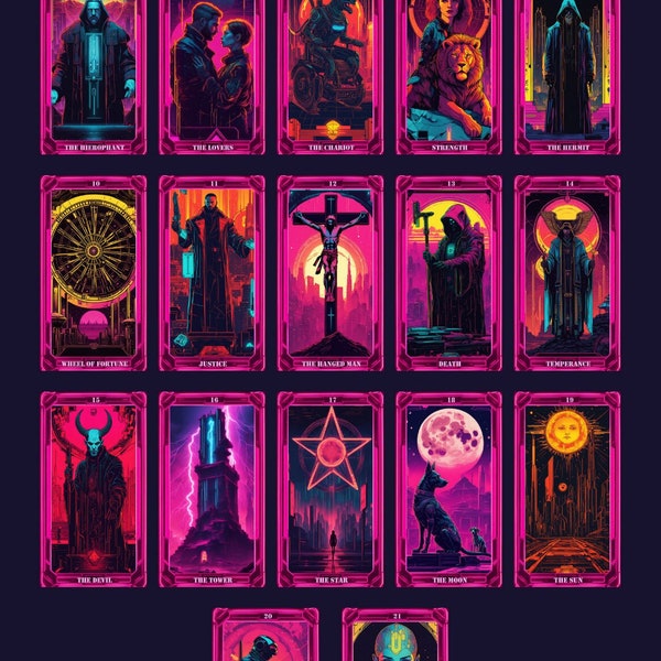 Cyberpunk Tarot Cards Set SVG PNG, Major Arcana, Digital Tarot, Celestial Tarot Card, Spiritual Tarot Deck Digital, Tarot Svg, Tarot Png