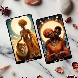 Afrikaanse vrouw 78 tarotkaarten complete set, hemelse spirituele tarotkaartspel, unieke tarotkaarten aangepast ontwerp, orakelkaartspel, tarotkaartspel, afro