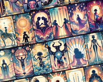 Op de afbeelding: Een set van 22 tarotkaarten met kleurrijke illustraties die verschillende scènes en figuren uitbeelden. De kaarten hebben een hemels thema met sterren, planeten en sterrenbeelden. De kaarten zijn gerangschikt in een rasterpatroon, waarbij elke kaart een uniek ontwerp heeft.