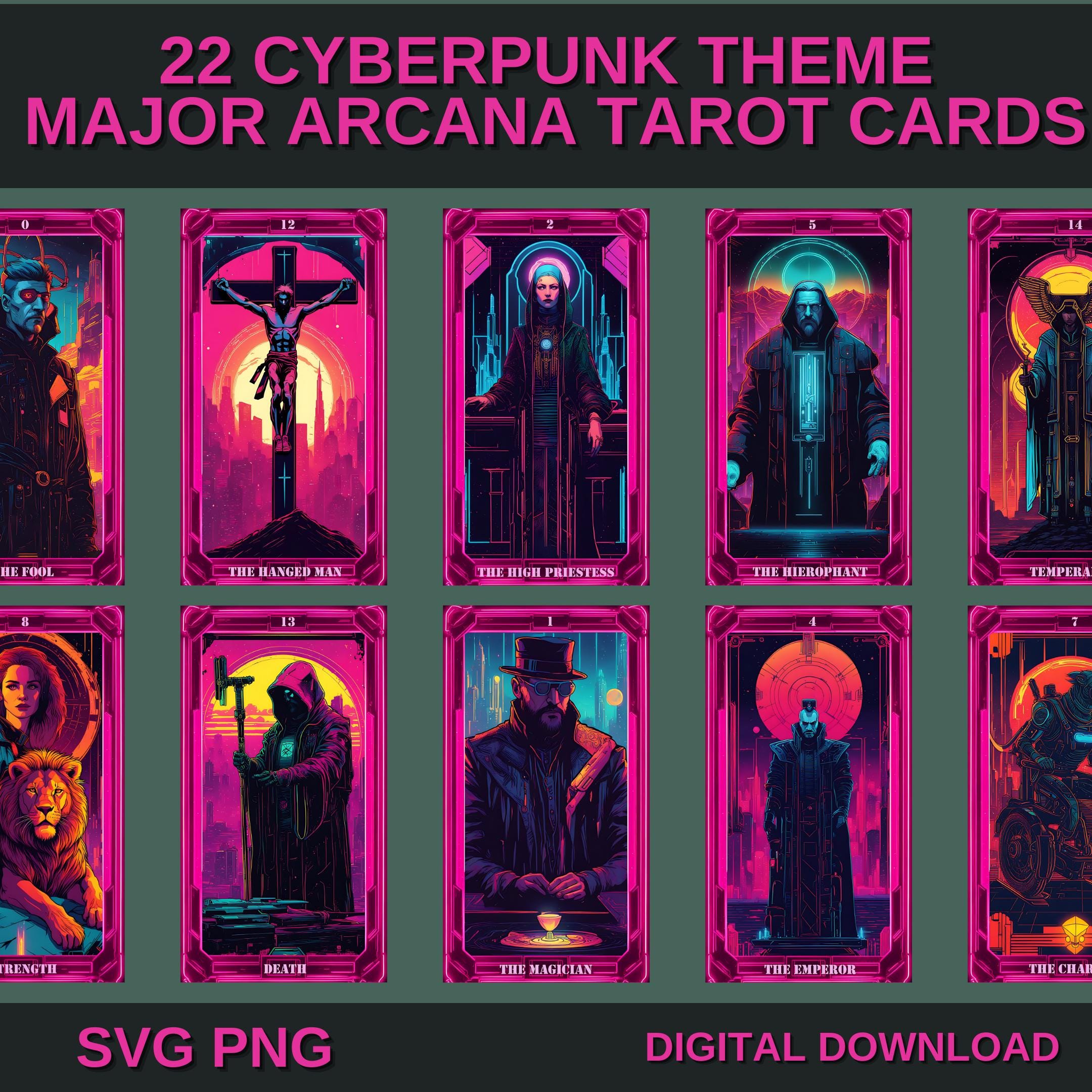Cyberpunk Tarot Cards Set SVG PNG, Major Arcana, Digital Tarot ...