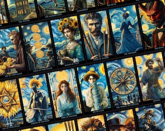 Op de afbeelding: Een tarotdeck met een Sterrennacht-thema. De kaarten bevatten een verscheidenheid aan personages en symbolen, waaronder de Toren, de Gehangene, het Oordeel, de Duivel, de Maan, de Keizerin, het Rad van Fortuin en de Rechtvaardigheid. De kaarten zijn gedrukt op hoogwaardig karton en zijn ontworpen om duurzaam en langdurig te zijn.