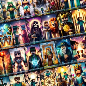 May include: A set of 22 tarot cards featuring Minecraft characters. The cards are colorful and feature a variety of characters, including a green creeper, a red Steve, and a purple Enderman. The cards are arranged in a grid pattern, with each card showing a different character and a different tarot card symbol.