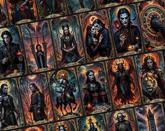 Op de afbeelding: Een verzameling tarotkaarten met gotische en fantasie-illustraties. Elke kaart toont gedetailleerde kunstwerken met figuren in donkere kleding, zwaarden en mystieke symbolen. Het kleurenpalet omvat diepe roodtinten, zwart en goud, wat een dramatische uitstraling creëert.