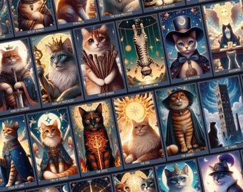 May include: A set of 22 tarot cards featuring illustrations of cats in various poses and settings. Each card has a name and a number, such as "The Magician" and "Ten of Wands".