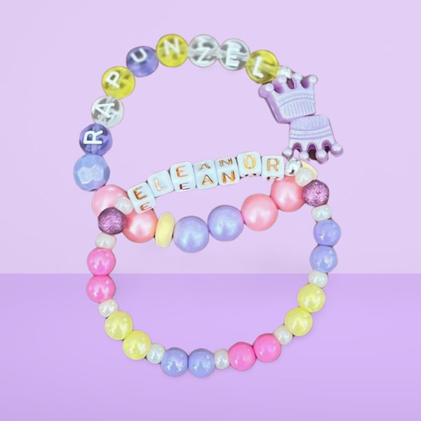 DISNEY | Bracelets NOM DE PRINCESSE | Bracelet photo prop, grosses perles de chewing-gum, breloque couronne de princesse, tout-petit, bracelet pour enfant, enfant