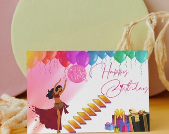 Birthday card for the dancer and music lover, Belly dancer, fun, happy, disco card