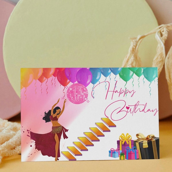 Birthday card for the dancer and music lover, Belly dancer, fun, happy, disco card