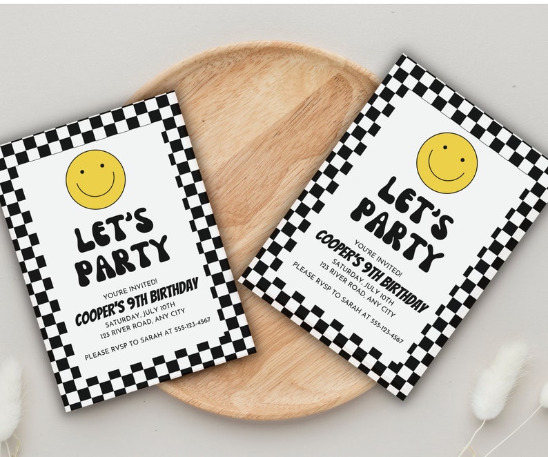 Checker Birthday Invitation Checker and Smiley Face Invite Lets Party