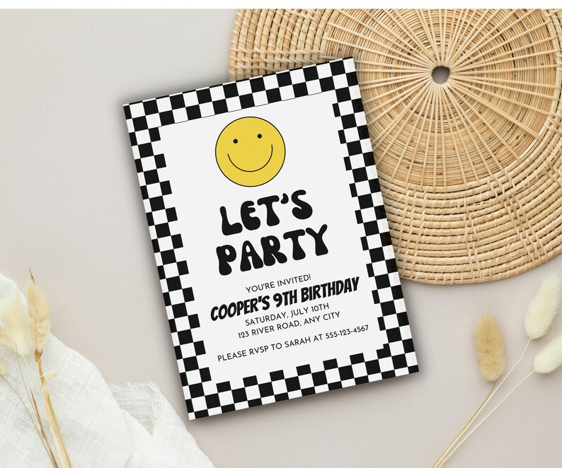 Checker Birthday Invitation Checker and Smiley Face Invite Lets Party