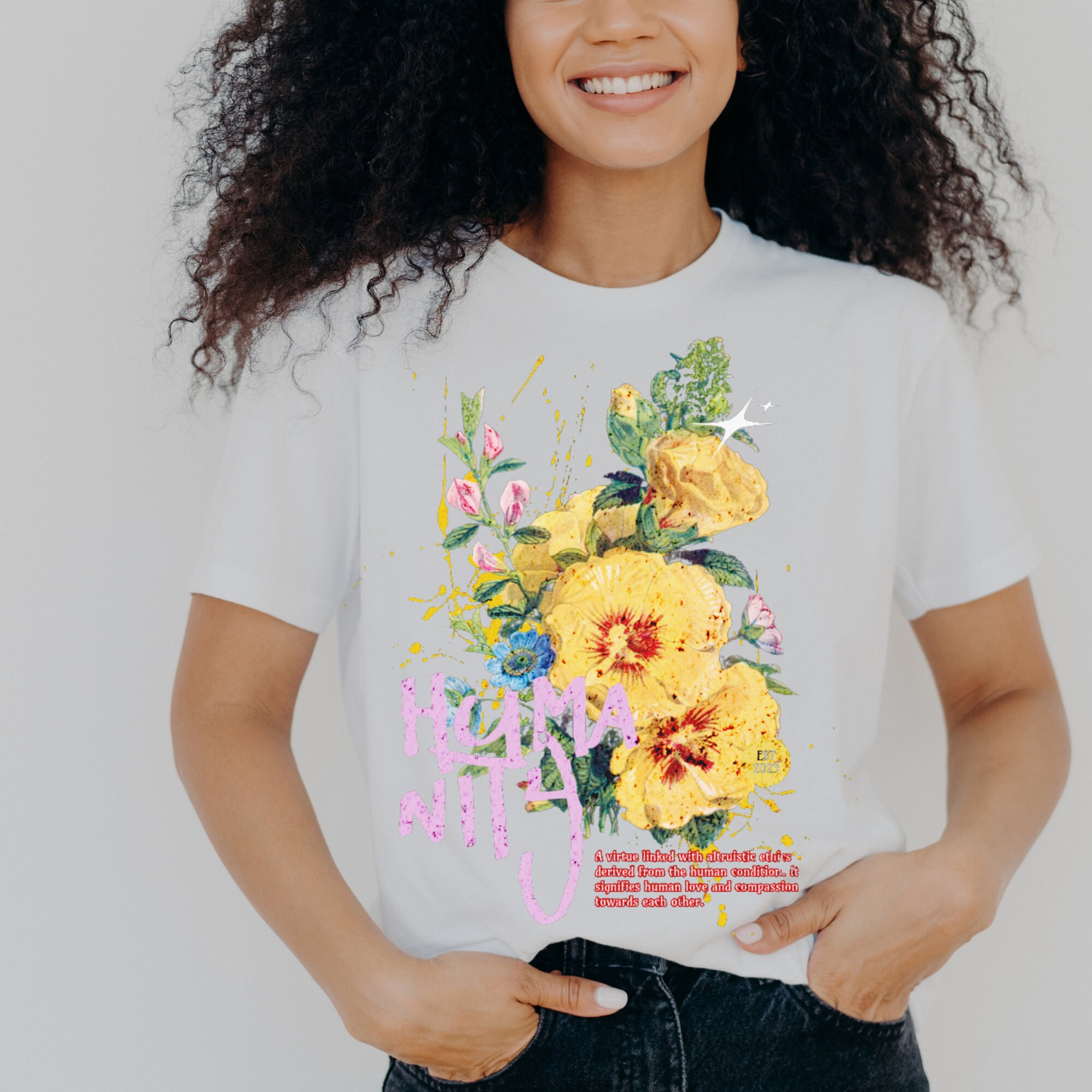 Tシャツ・カットソー [SLOWLOLLY] Flower Lettering T Shirt (2 COLOR) Flower T Shirt | Unisex T Shirt | Yellow Flower T Shirt