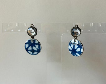Handmade Japanese Shibori Style Round Dangle Post Earrings, Blue and White Fabric, Modern, Cut Glass