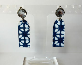 Handmade Japanese Shibori Style Dangle Post Earrings, Blue and White Fabric, Modern, Cut Glass